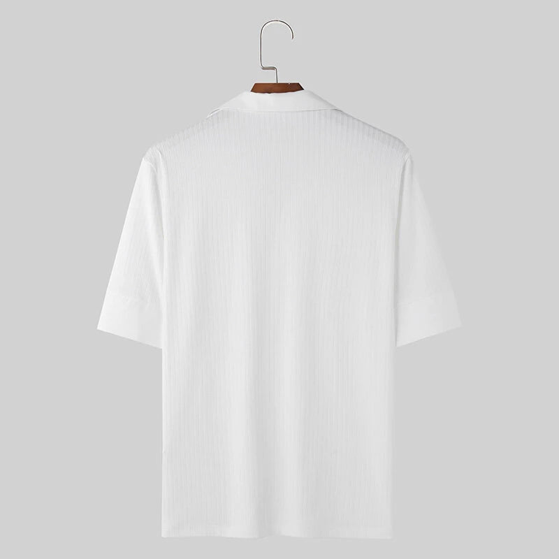 INCERUN Mens Solid Textured Casual Short Sleeve Shirt Fashion V-neck Lapel Top for Male