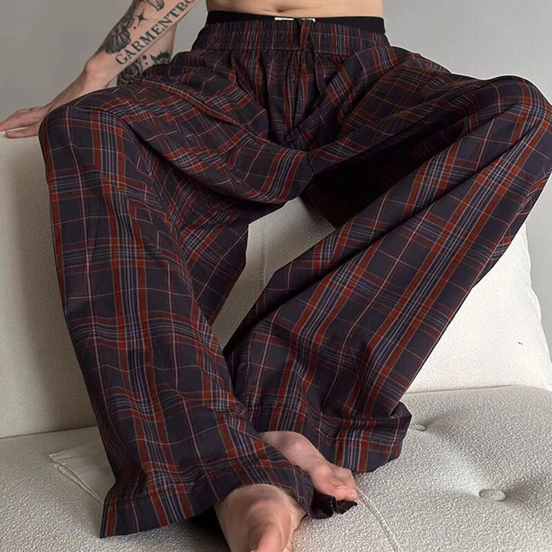INCERUN Men Plaid Pants Comfortable Elastic Waist Pockets Trousers Casial Loose Fit Wide Leg Home Pant for Big Men Daily Large Size S-5XL
