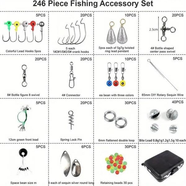 Anmuka 246pcs Fishing Tackle Box Fishing Accessories Set with Fish Hooks Lead Sinker Swivel for Bass Trout Walleye Fishing Supplies