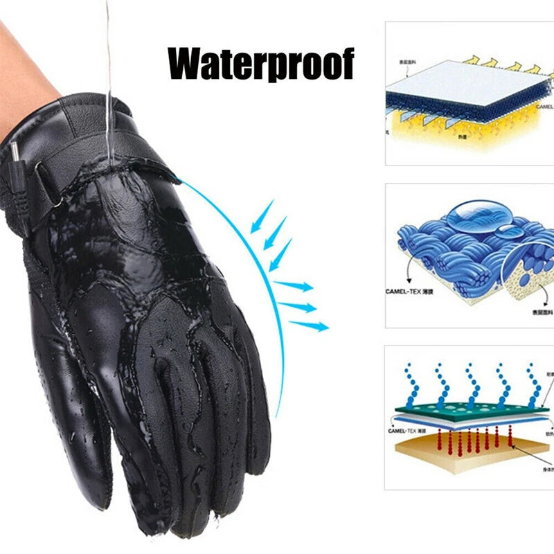 TENGOO USB Electric Heated Thermostatic Gloves Waterproof PU Touchscreen Heated Gloves Winter Motorcycle Riding Hand Warm Gloves