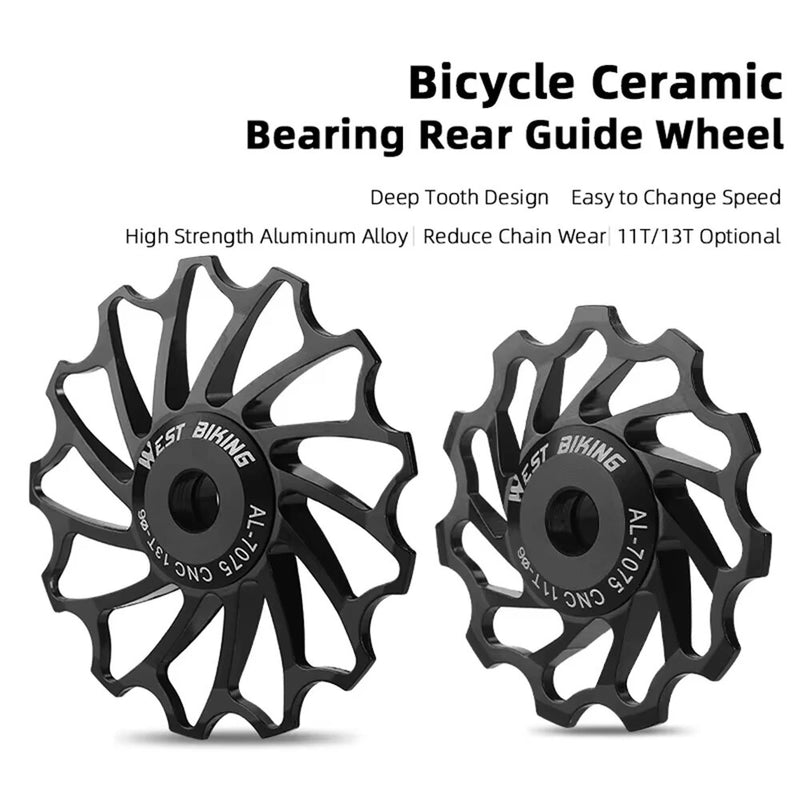WEST BIKING 3/5 CM Mountain Bicycle Ceramic Rear Dial Guide Wheel 11T 13T Tooth Derailleur Aluminum Alloy Perrin Bearing Tension Wheel