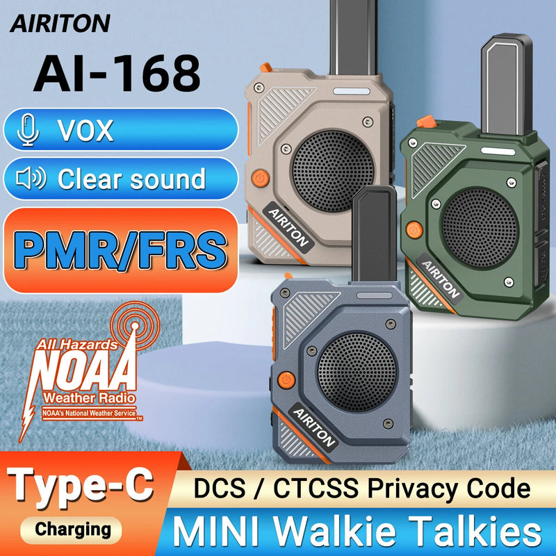 2Pcs AIRITON AI-168 Mini Walkie Talkie 5000mAh Rechargeable Battery Type-C Fast Charging FRS/PMR Long Range Portable Outdoor Communication Two-way Radio