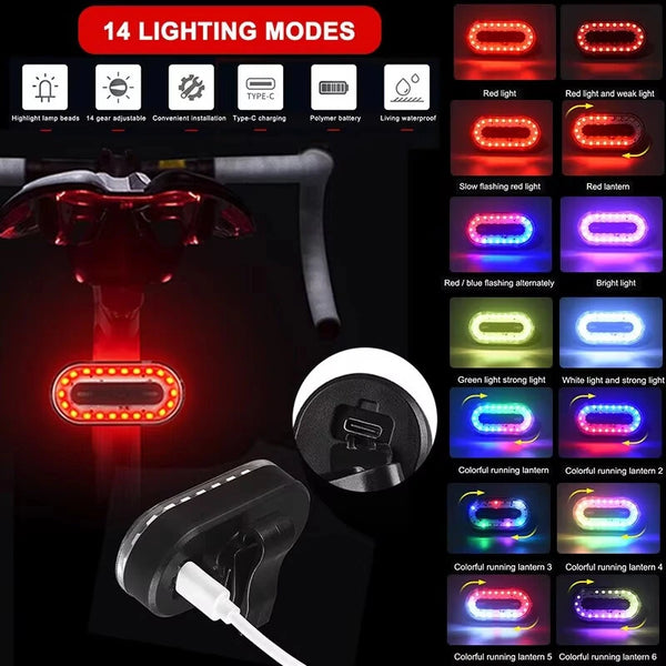 BIKIGHT Colorful RGB USB Rechargeable LED Bike Taillight 14 Light Modes Waterproof Safety Rear Light for Night Riding Cycling Equipmen