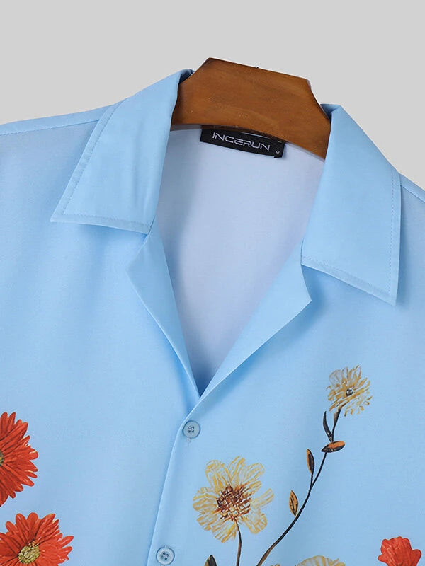 INCERUN Men Shirts Fashion Flower Print Shirt Mens Summer Streetwear Lapel Short Sleeve Top Daily Casual Shirts S-5XL
