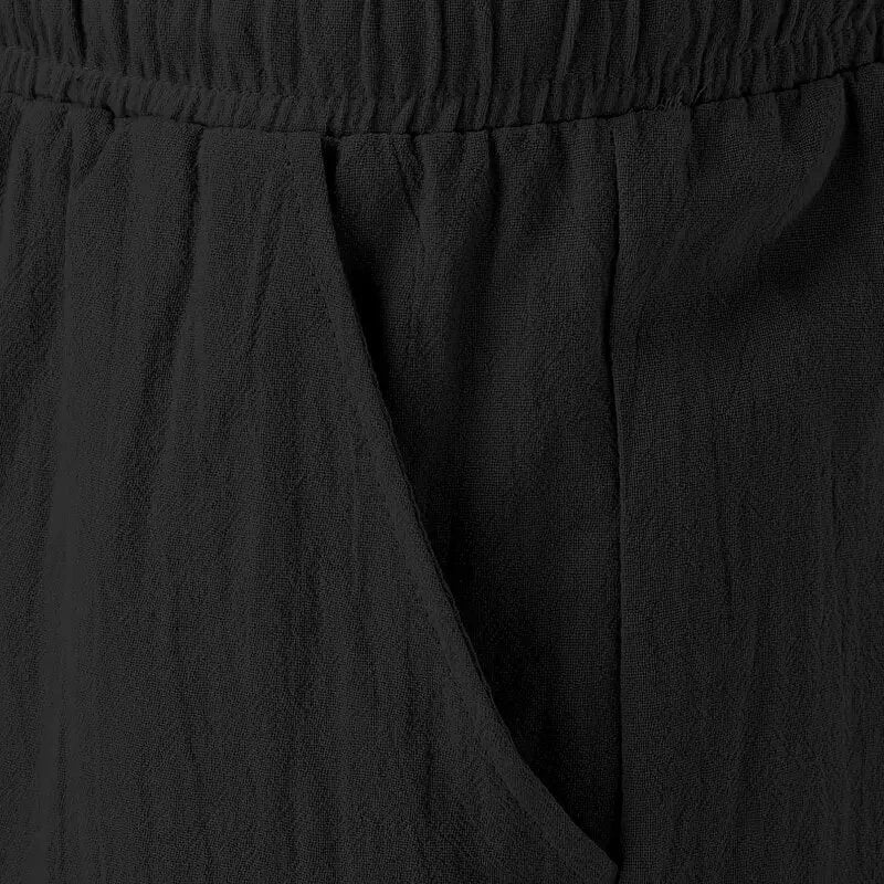 Men's Summer Cotton Linen Shorts Breathable Solid Black Drawstring Plus Size Beach Shorts Lightweight Casual Short Pants for Men Comfortable