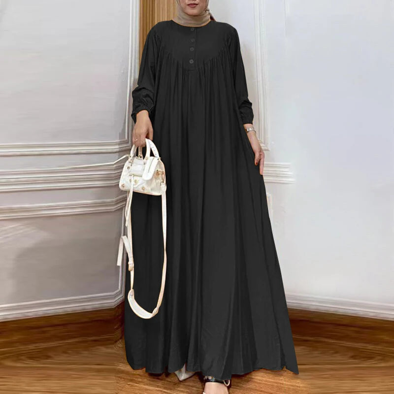 ZANZEA Women Abaya Casual Maxi A-Line Sundress Kaftans Lantern Sleeve O-Neck Plain Dress