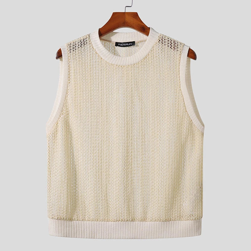 INCERUN Mens Hollow Out Crew Neck Sleeveless Vest Sold Color Sheer Knit Crew Neck Tank Top for Male