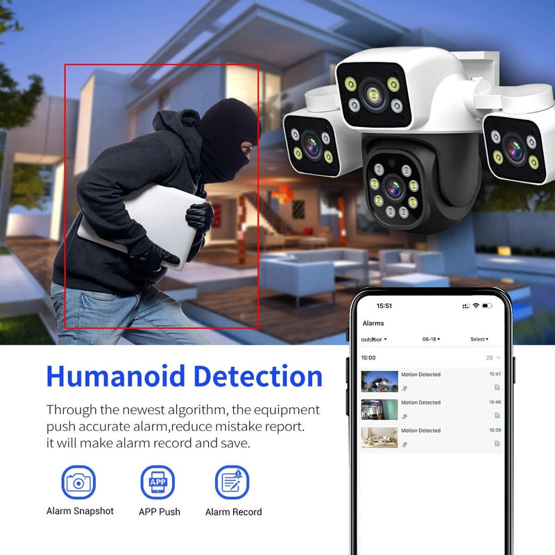 ESCAM PT223 3x4MP Three-Lens Camera Three-Screen PTZ Monitoring Sound And Light Alarm Two-Way Voice Cloud Storage Human Detection WiFi Camera