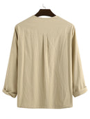 Mens Solid Lace-Up Neck 100%Cotton Long Sleeve T-Shirt