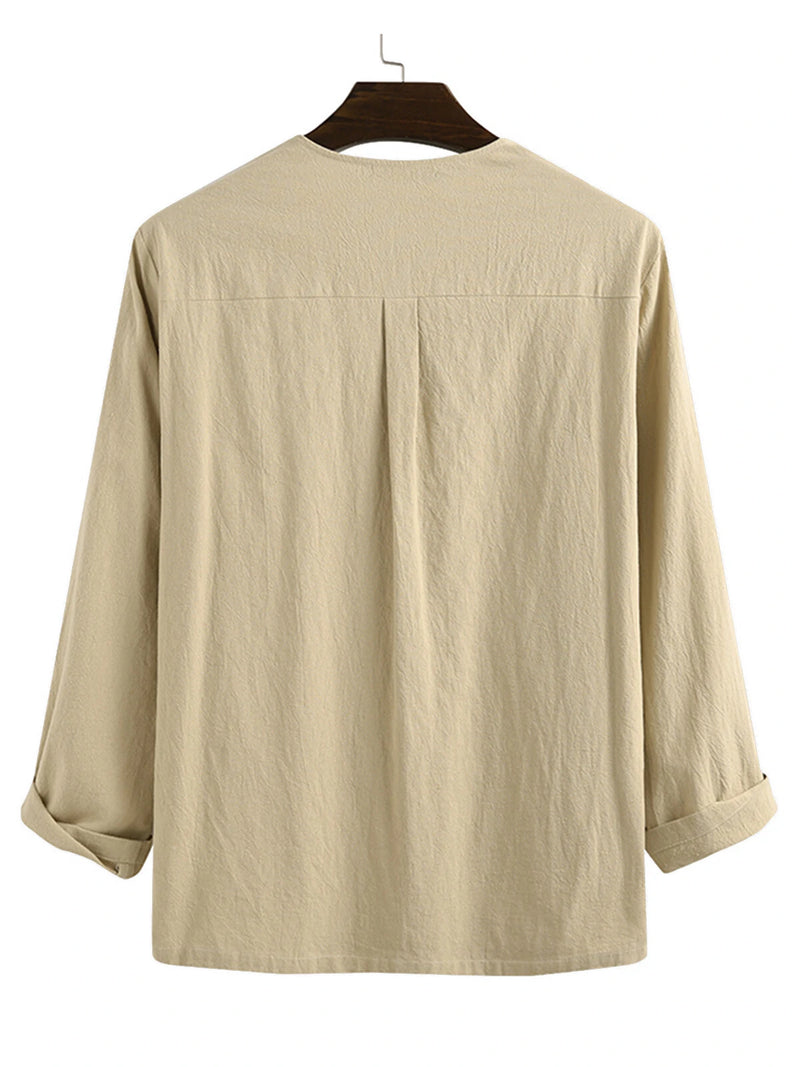 Mens Solid Lace-Up Neck 100%Cotton Long Sleeve T-Shirt