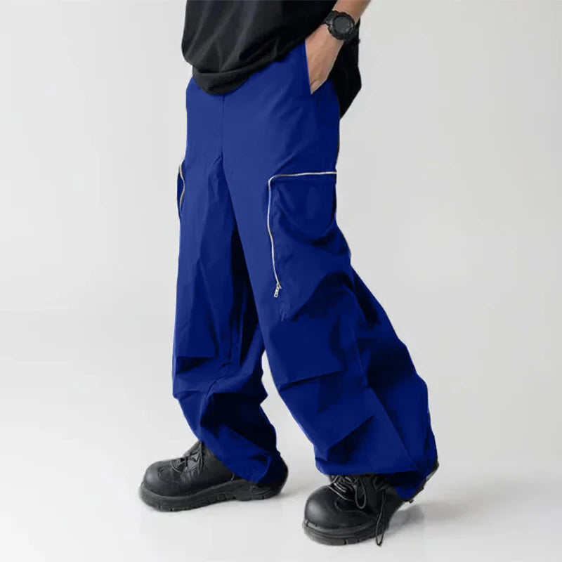 INCERUN Mens Zipper Big Pocket Pleated Design Pant Wide Legged Trousers Casual Solid Color Elastic Waist Pant S-5XL