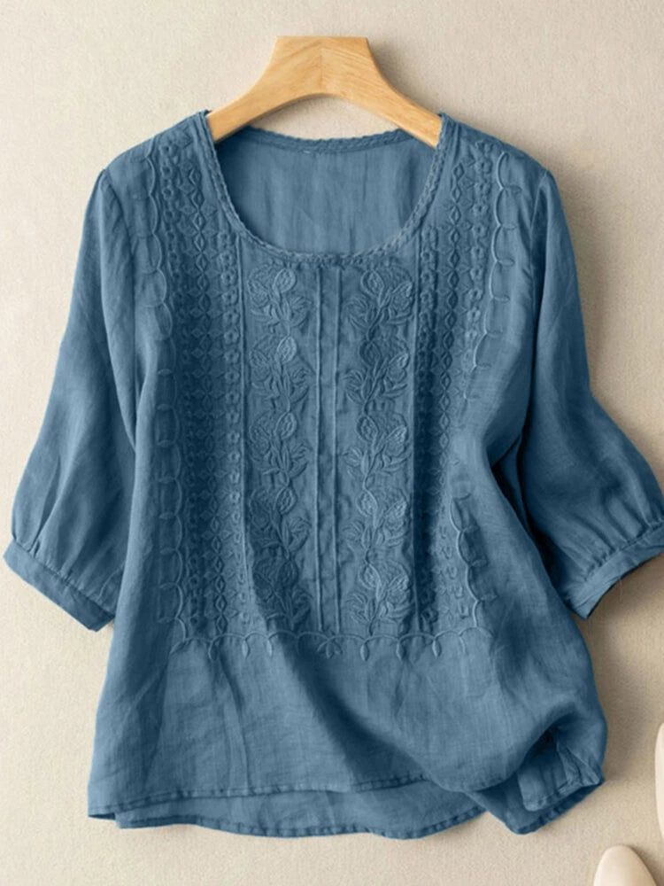 ZANZEA Women Daily Casual 3/4 Length Sleeve Blouses Solod Color Shirts