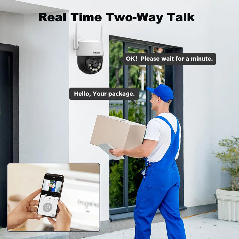 SriHome SH072 8MP 4K 3X Zoom Security Camera Outdoor PTZ Dual Band WiFi 2.4G/5G Night Vision 2 Way Audio Human Detection IP66 Waterproof Wireless Smart Home Surveillance Cameras