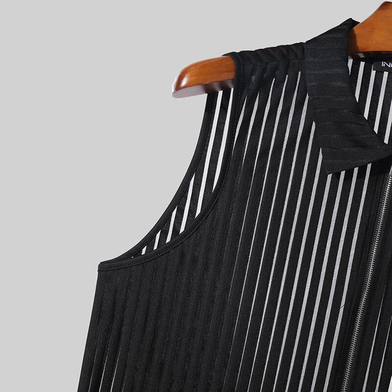 INCERUN Mens Striped See Through Lapel Collar Vest Comfortable Black Zipper Sleeveless Tank Top for Male