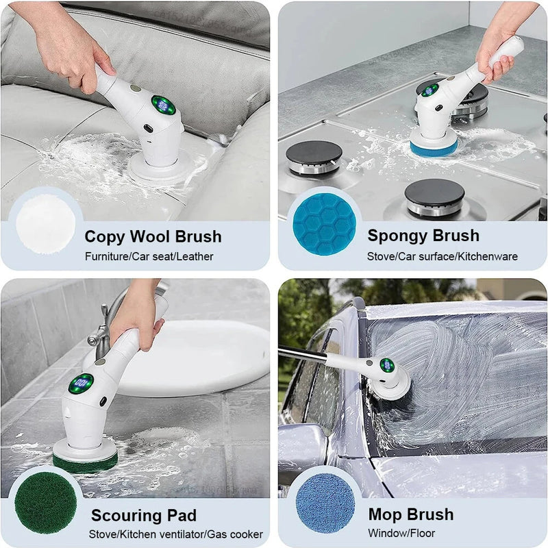 8 in 1 Multifunctional Wireless Cleaning Brush 2500mAh Type-C USB Rechargeable 450RPM Adjustable Lengths LED Night Light for Bathroom Kitchen Windows Car