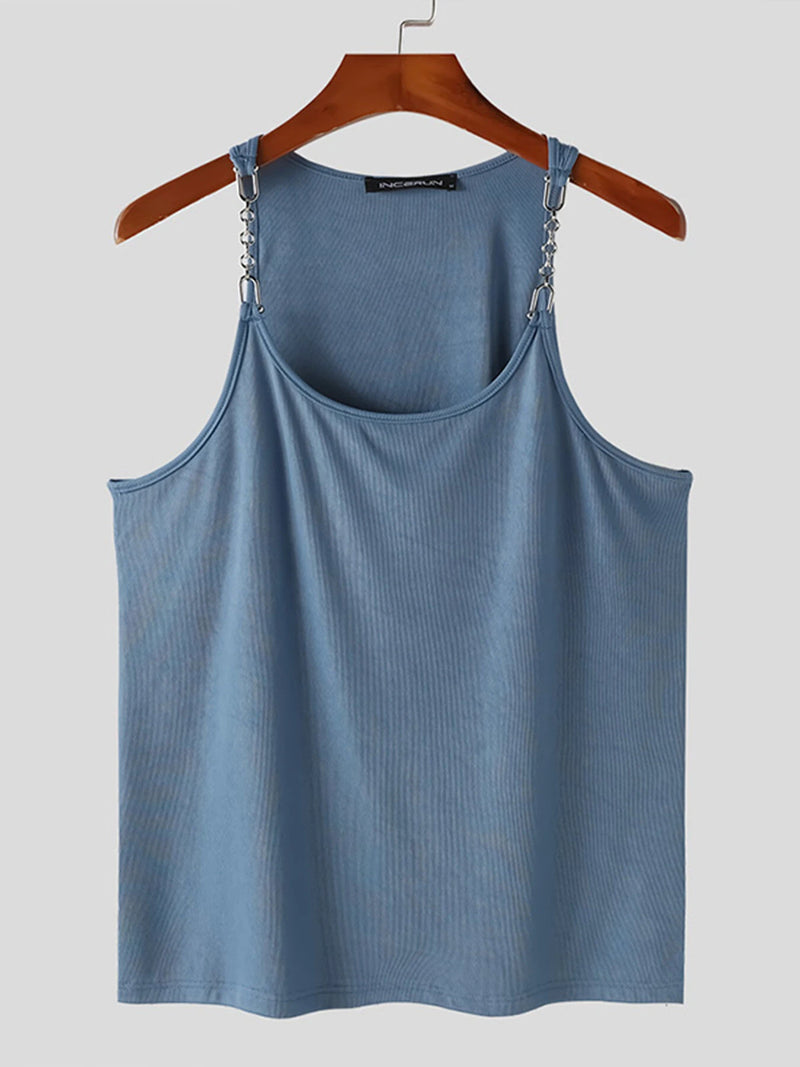 INCERUN Men Tank Top Fashion Metal Chain Sling Tanks Summer Sold Color Vest Casual Sleeveless Male Top