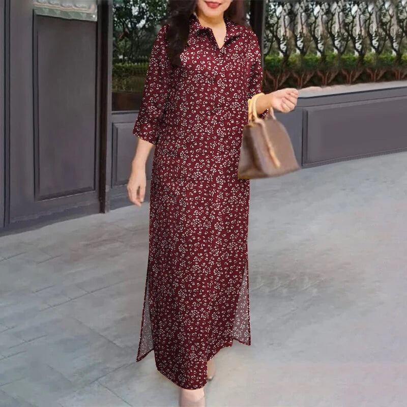 ZANZEA Women Vintage 3/4 Sleeve Lapel Split Dresses Floral Print Long Casual Shirtdress