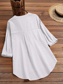 Solid Button Pocket High-Low Hem Casual Cotton Blouse