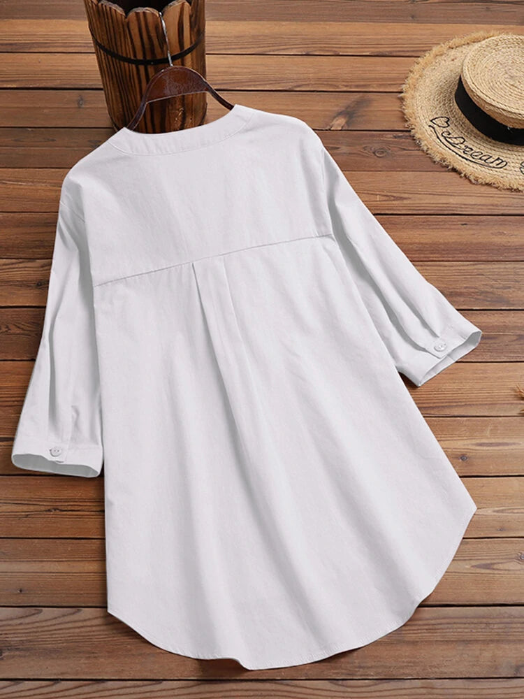 Solid Button Pocket High-Low Hem Casual Cotton Blouse