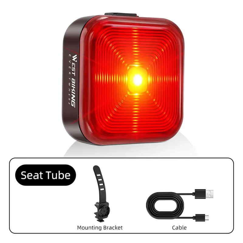 WEST BIKING 20LM LED Square Bicycle Taillight Type-C Charging Waterproof 5 Modes Warning Bike Rear Light for MTB Seat Post/Saddle