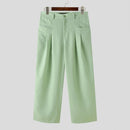 INCERUN Mens Solid Pleated Design Casual Straight Pants Casual Comfortable Wide Legged Long Pant with Pockets