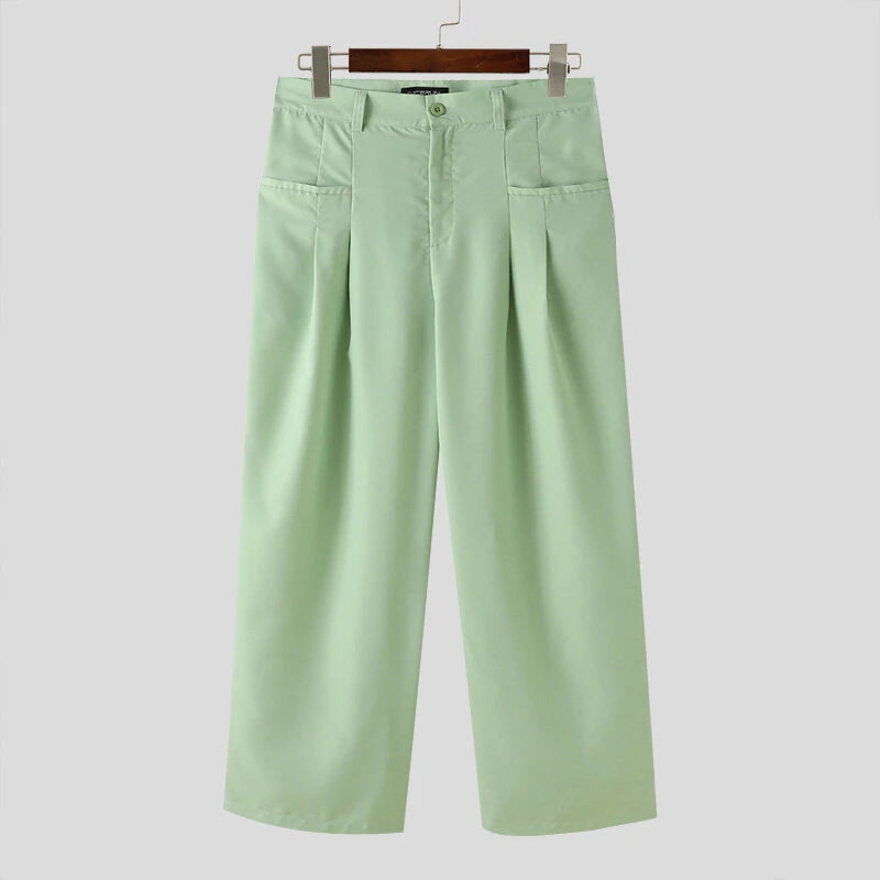 INCERUN Mens Solid Pleated Design Casual Straight Pants Casual Comfortable Wide Legged Long Pant with Pockets