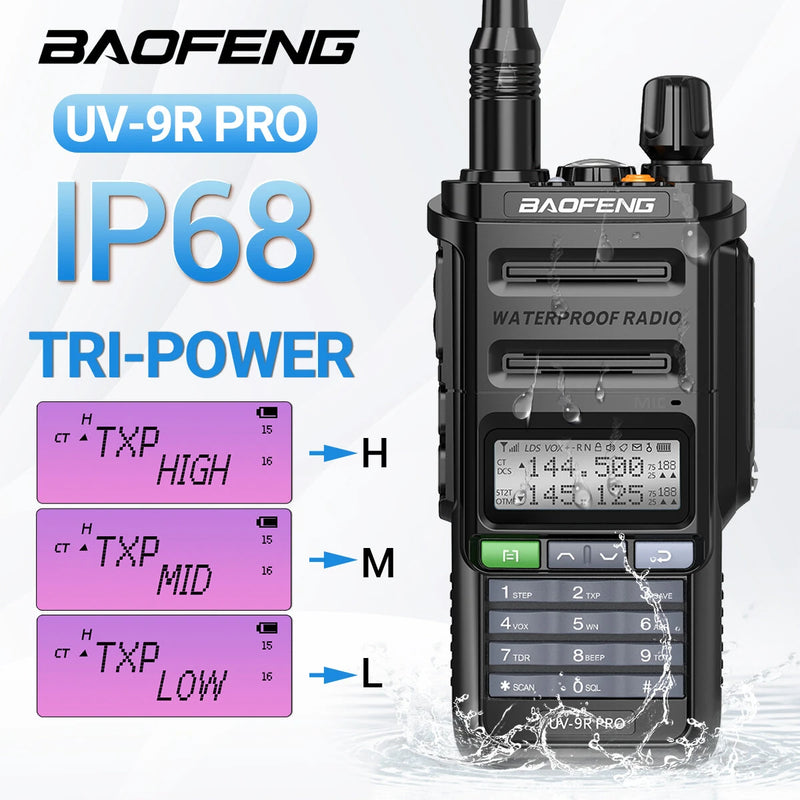 Baofeng UV-9R Pro V2 High Power Long Range Walkie Talkie 128 Channels Tri-Power Multi-band Wireless Copy Frequency IP68 Waterproof Type-C Rechargeable Ham Two Way Radio with Flashlight