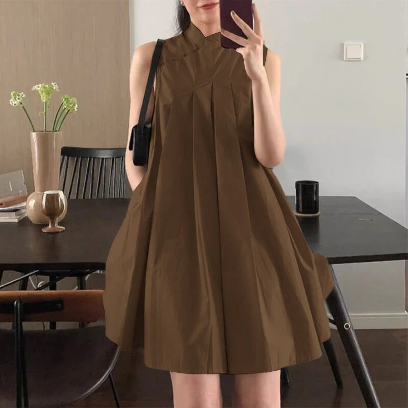 ZANZEA Women Elegant Stand Collar Sundress Sleeveless A-Line Midi Party Prom Dress