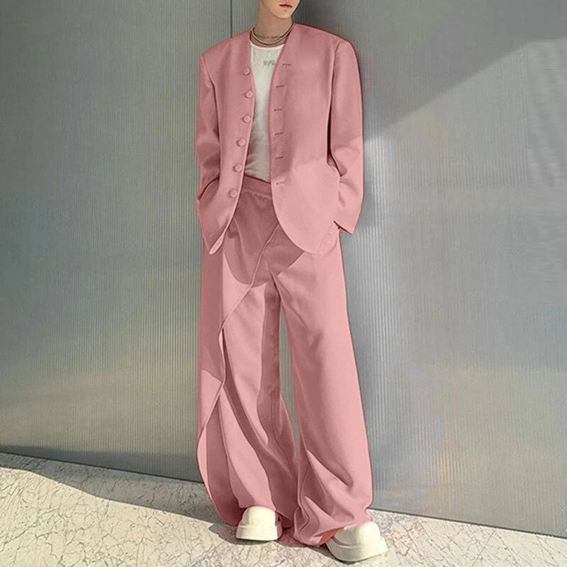 INCERUN Mens Solid Color Long Sleeve Two-Piece Outfit Collarless Blazer & Suit Pants Men's Fashion Set