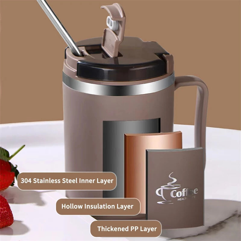 Double-Wall Coffee Office Mug 304 Stainless Steel Water Mug Cup With Spoon&Tea Strainer Leak Proof Anti Scalding Drinking Cup