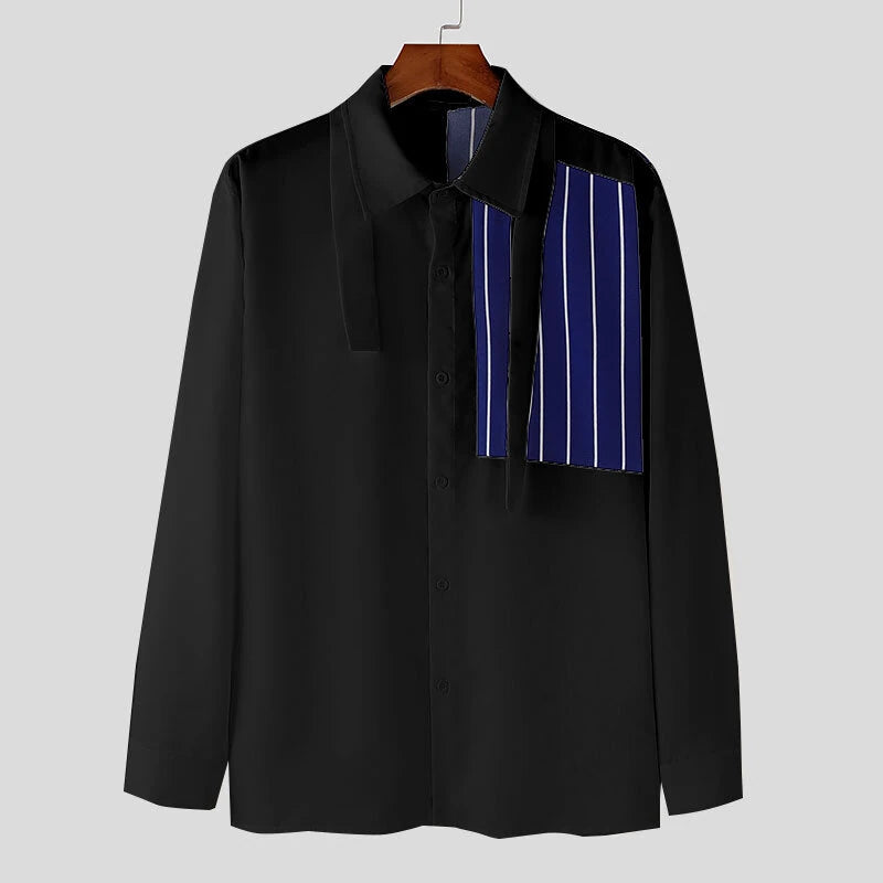 INCERUN Stylish Men's Color-block Striped Long-sleeve Shirt Fashion Design Lapel Top Large Size Loose Fit Men S-5XL