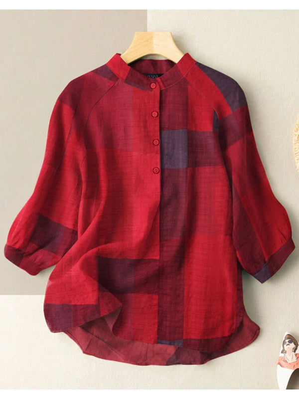 ZANZEA Plus Size Loose Fit Check Print Button Stand Collar 3/4 Sleeve Cotton Linen Women Blouse