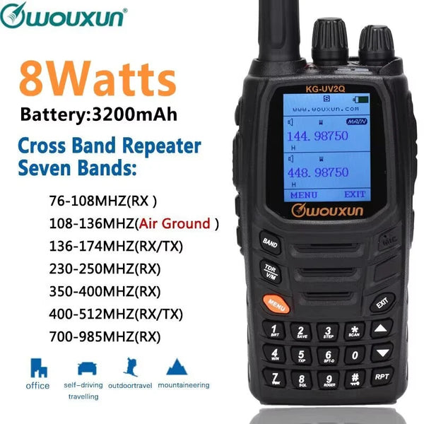 Wouxun KG-UV2Q 8W Multi Band Walkie Talkie UHF VHF AM FM High Power Long Range SOS 999 Channels Two Way Radio for Traveling