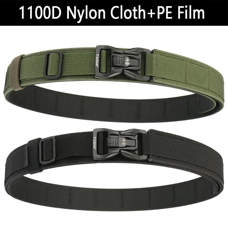 TUSHI 115cm Buckle Men Tactical Belt 1100D Nylon Thickened Double-layer Military Belt for Outdoor Sports Police Duty Shooting Training