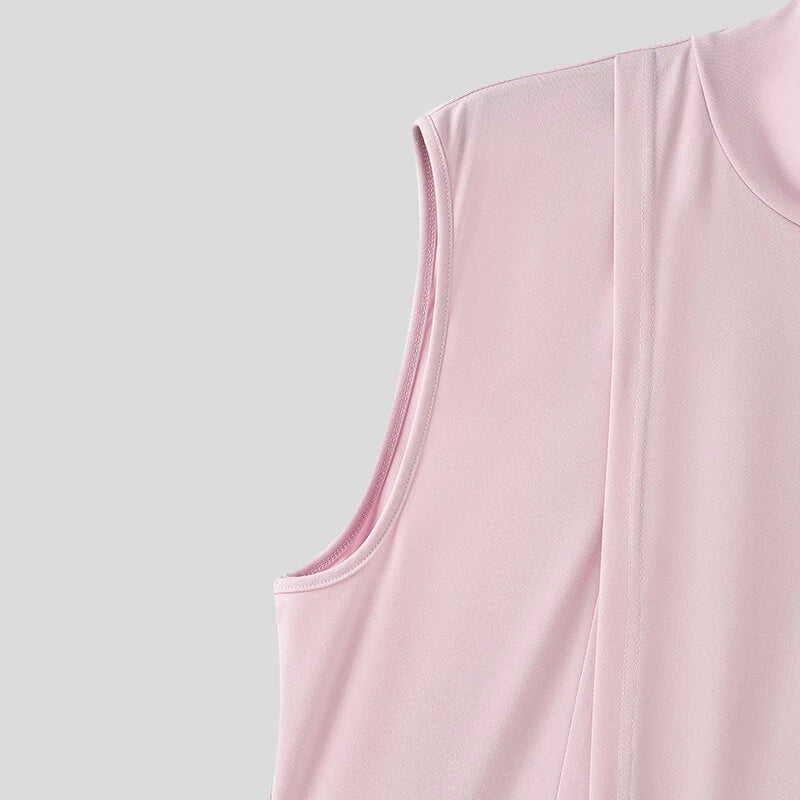 INCERUN Mens Solid Color Split Design Sleeveless T-Shirt Fashion Half Turtleneck Top for Male