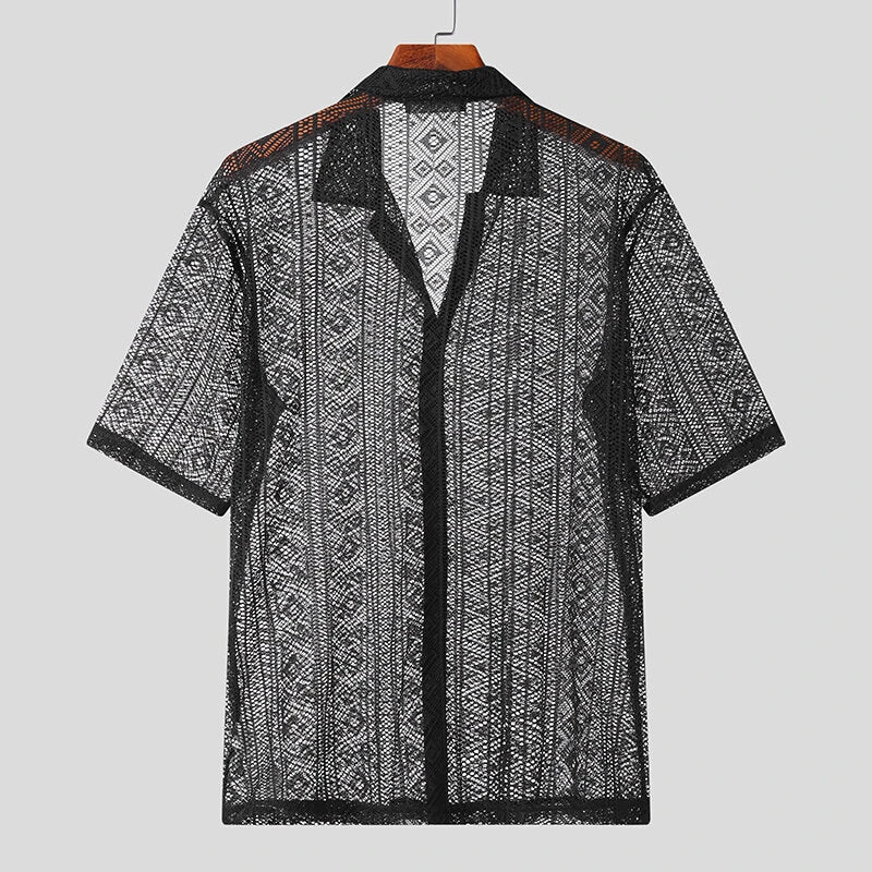 INCERUN Men's Hollow Lace Loose Short Sleeve Shirts