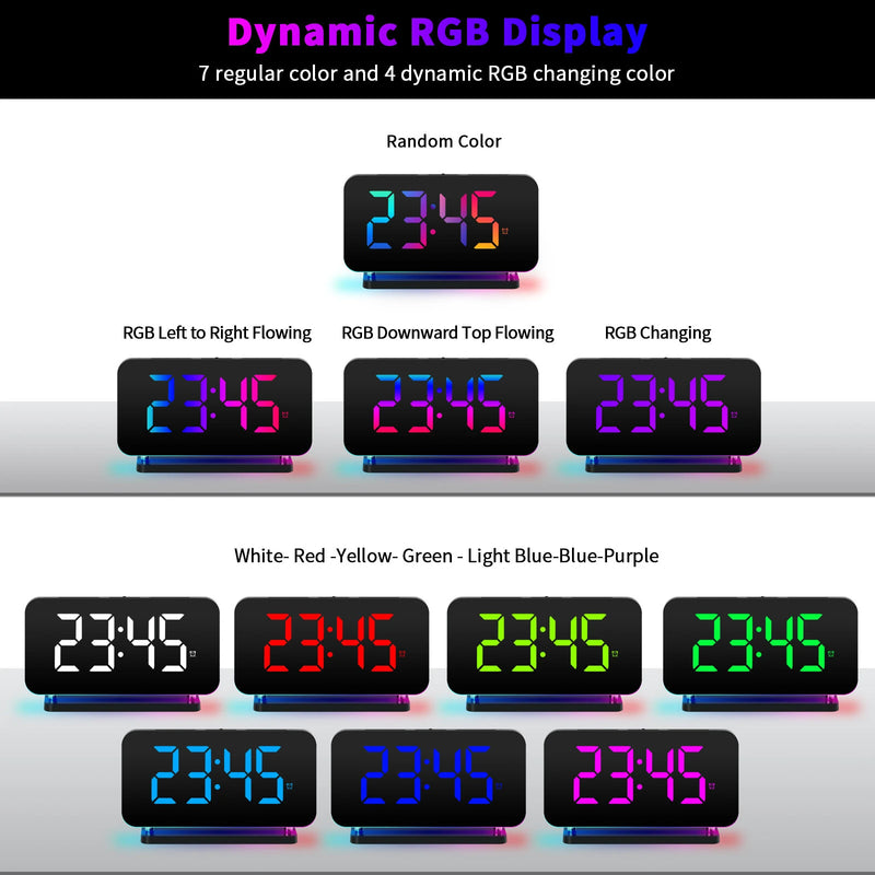 Large Screen Electronic LED Mirror Clock Colorful RGB Display Colorful Night Light Radio Projection Clock Led Electronic Clock Desktop Alarm Clock