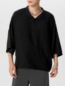 INCERUN Mens Shirt Solid Color Stand Collar Shirt Summer Casual Loose Fit Half Long Sleeve Top Men Clothing Shirts