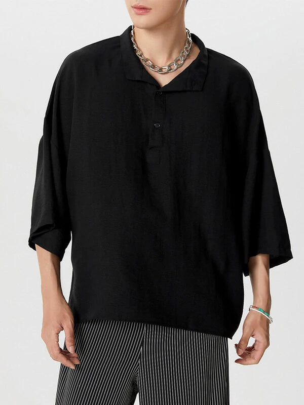 INCERUN Mens Shirt Solid Color Stand Collar Shirt Summer Casual Loose Fit Half Long Sleeve Top Men Clothing Shirts