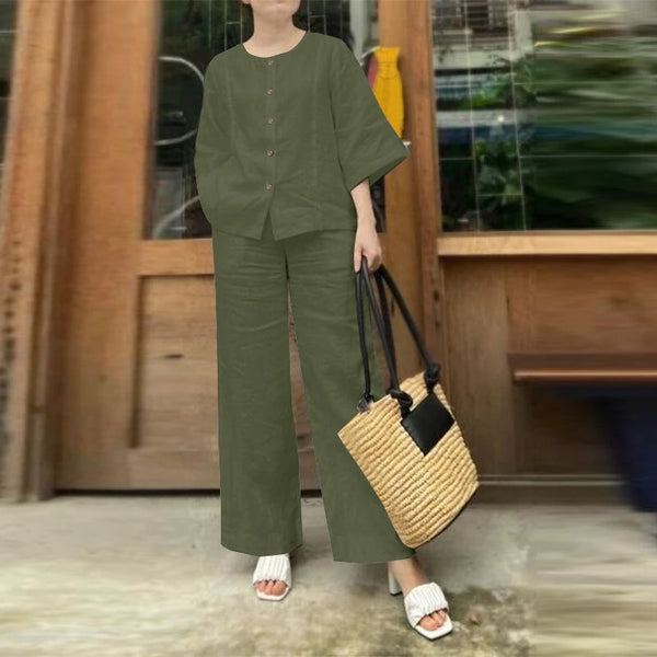 ZANZEA Women Vintage Crew Neck Long Sleeve Tops Elastic Waist Wide-Legged Pants Sets