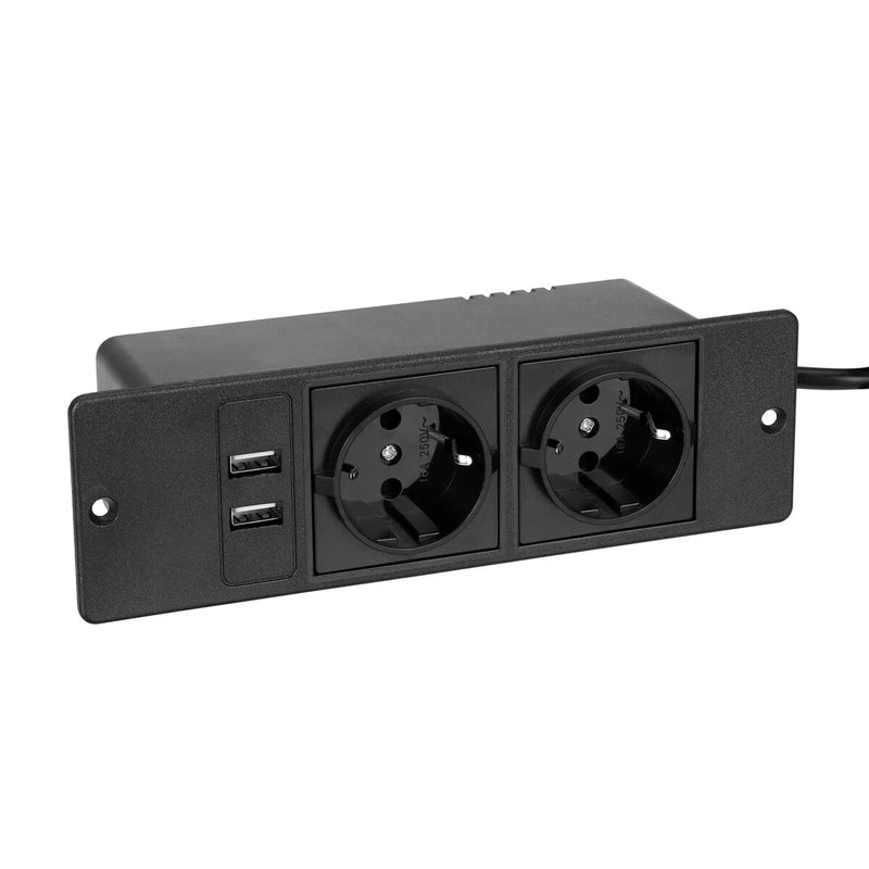 Table Socket with 2 USB 2 Sockets Built-in Socket 2-Way Installation Power Strip with 2 Screws for Kitchen Furniture or Worktops Recessed Socket 1.8 Cable16 A/3500 W