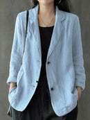 Women 100% Cotton Solid Color Button Front Business Thin All-Match Blazer With Pocket