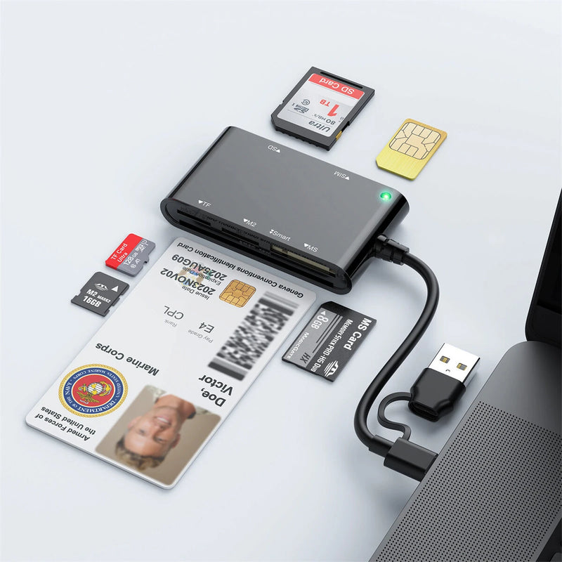 Rocketek CR375-B 6-in-1 Smart Card Reader for Smart SIM SD TF M2 MS Cards with USB-A/USB-C Interface Plug and Play