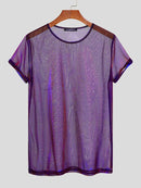 Men Shiny Shimmer Sheer Mesh See Through Short Sleeve T-Shirt