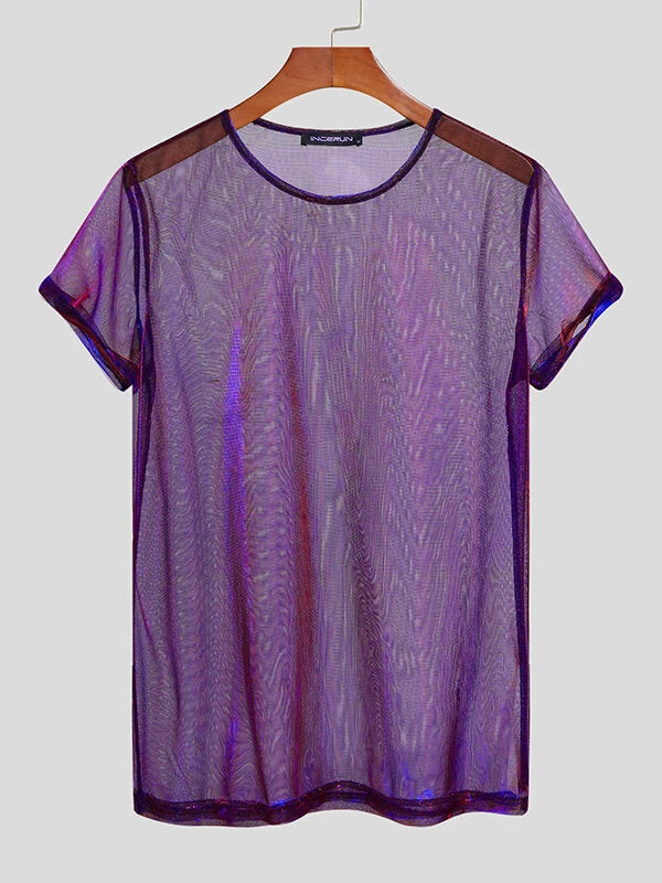 Men Shiny Shimmer Sheer Mesh See Through Short Sleeve T-Shirt