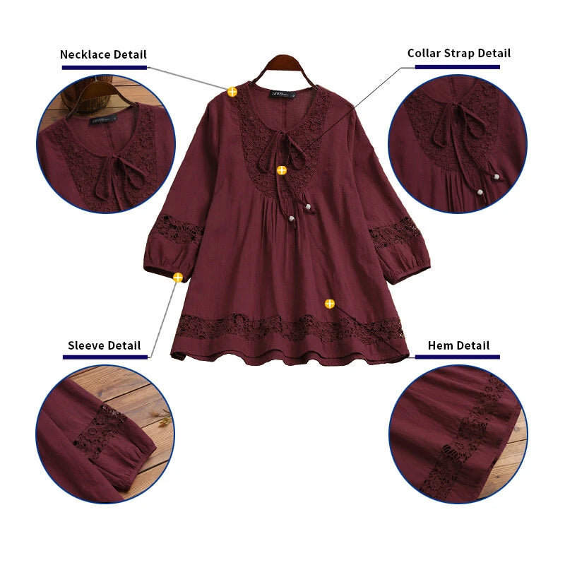 ZANZEA Women's Shirt Solid Lace Blouse Eyelet Lace Patchwork 3/4 Length Sleeve Top Summer Daily Casual Shirts