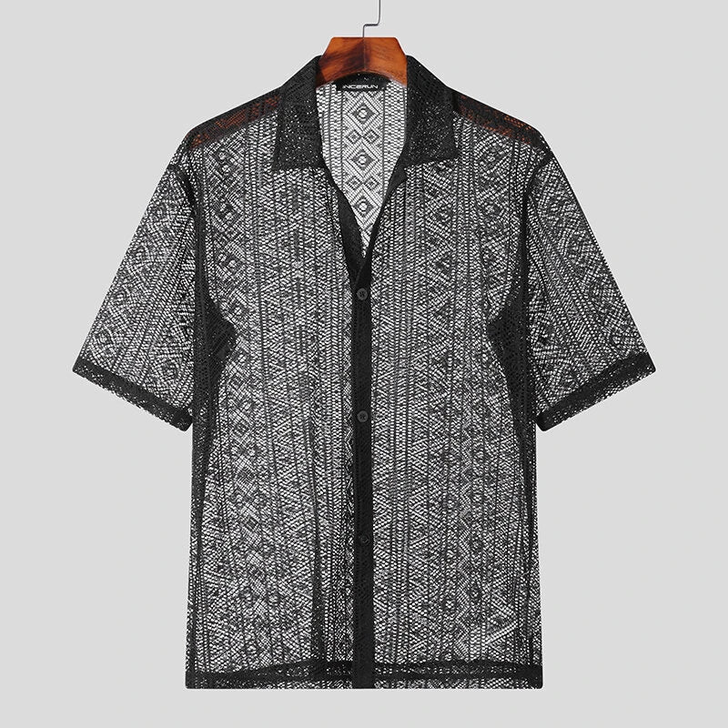 INCERUN Men's Hollow Lace Loose Short Sleeve Shirts
