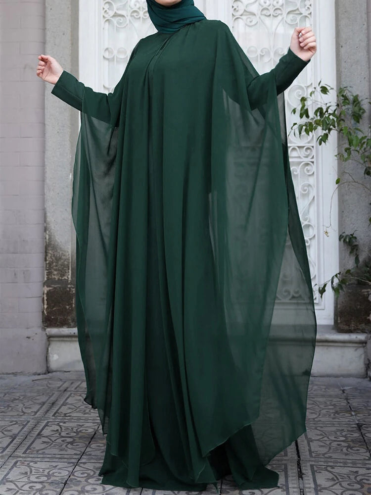 ZANZEA Plus Size Women Chiffon Kaftan Tunic Two-Piece Detachable Outside Bat Long Sleeve Maxi Dress