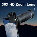 36X Phone Camera Telephoto Lens 4 In 1 Clip-on Telecope Zoom Macro Fisheye with Tripod Eyemask Storagebag Clip-On Lense for  Hiking Camping Wildlife Observation Moon Sports Game Concert Watching