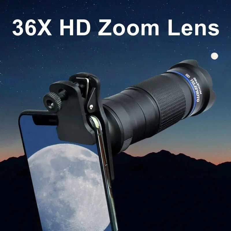 36X Phone Camera Telephoto Lens 4 In 1 Clip-on Telecope Zoom Macro Fisheye with Tripod Eyemask Storagebag Clip-On Lense for  Hiking Camping Wildlife Observation Moon Sports Game Concert Watching